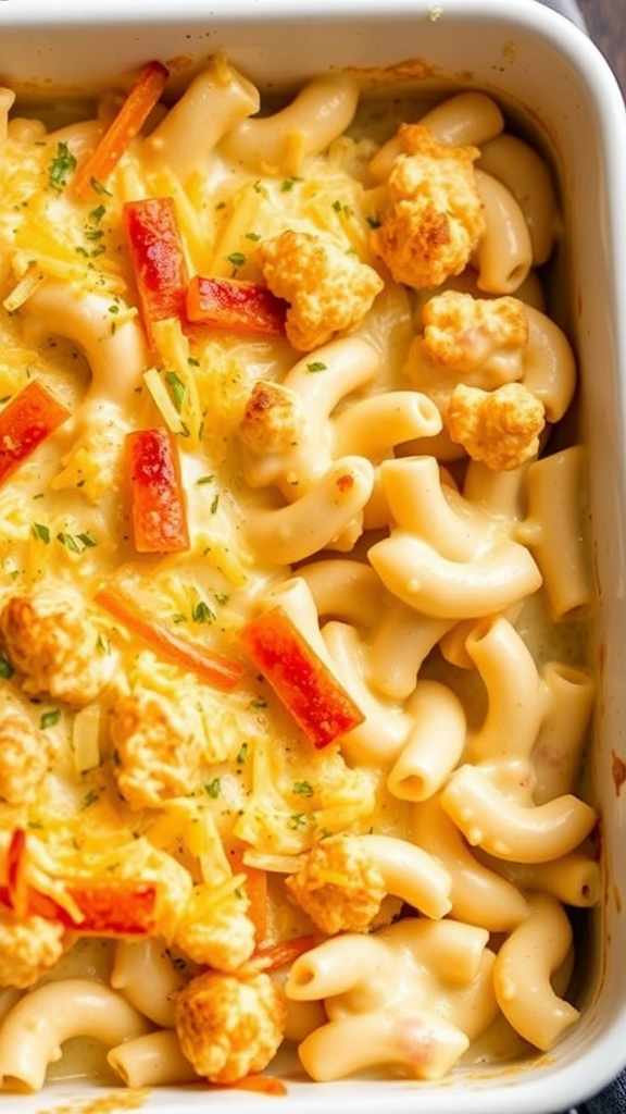 A delicious serving of cauliflower mac and cheese with golden crispy topping.