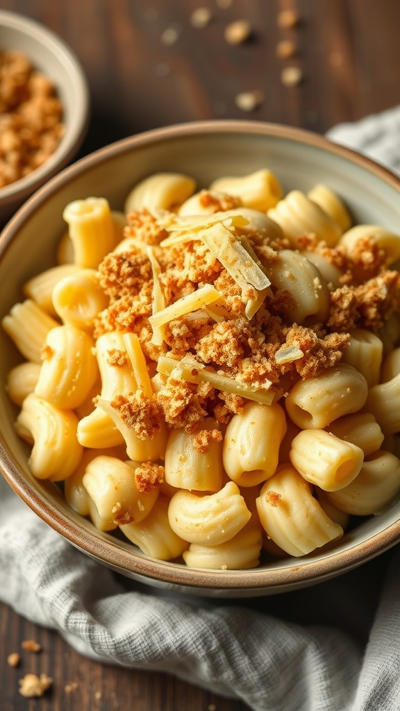 A bowl of cauliflower mac and cheese topped with crushed crackers, served on a wooden table.