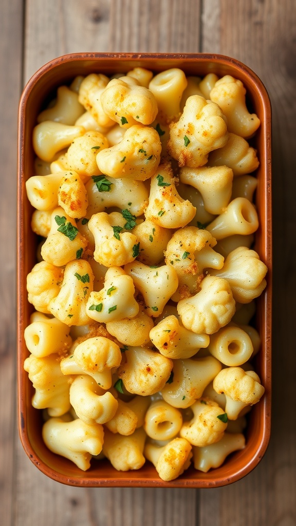 A bowl of creamy cauliflower mac and cheese with a sprinkle of herbs.