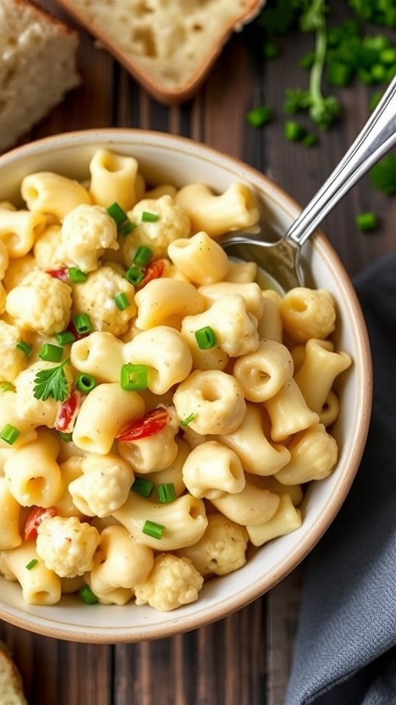 A bowl of creamy cauliflower mac and cheese with a spoon and a hint of seasoning on top.