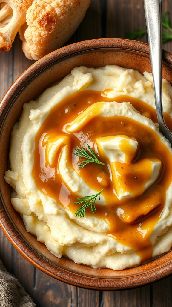 A bowl of creamy cauliflower mash topped with gravy and garnished with a sprig of dill, with a piece of cauliflower in the background.