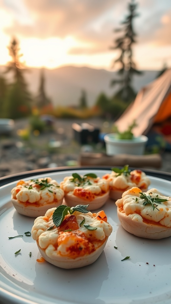 Cauliflower pizza bites on a plate at a campsite during sunset