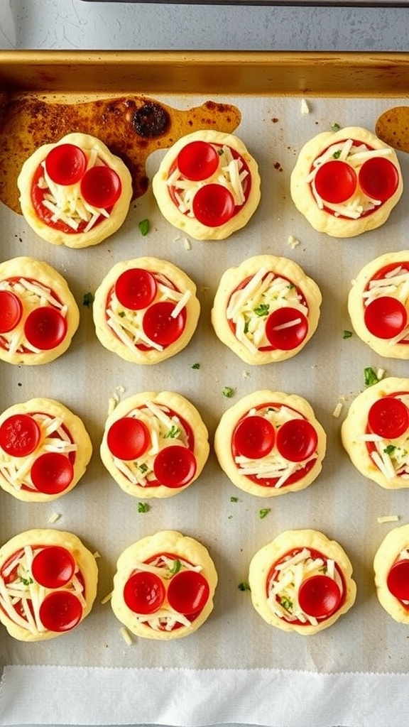 A tray of cauliflower pizza bites with pepperoni and cheese.