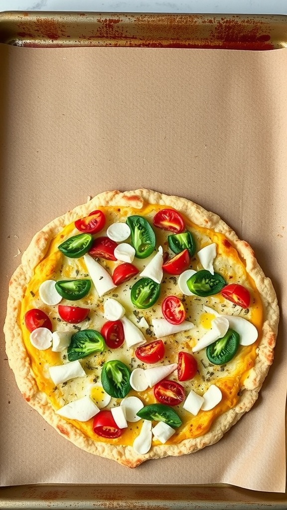 Cauliflower pizza crust topped with tomatoes, jalapeños, and mozzarella.