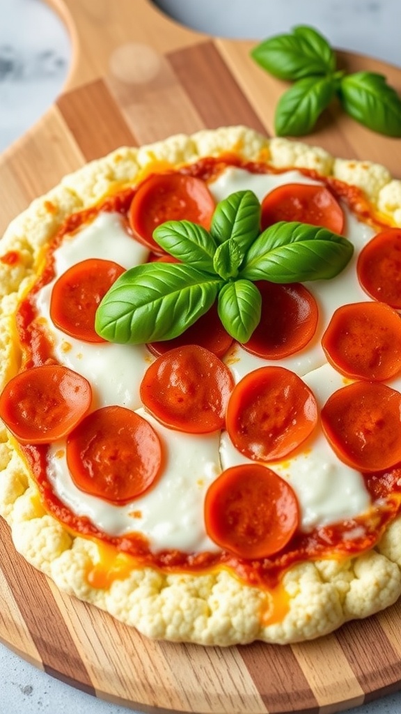 A delicious cauliflower pizza crust topped with pepperoni and mozzarella, garnished with fresh basil.