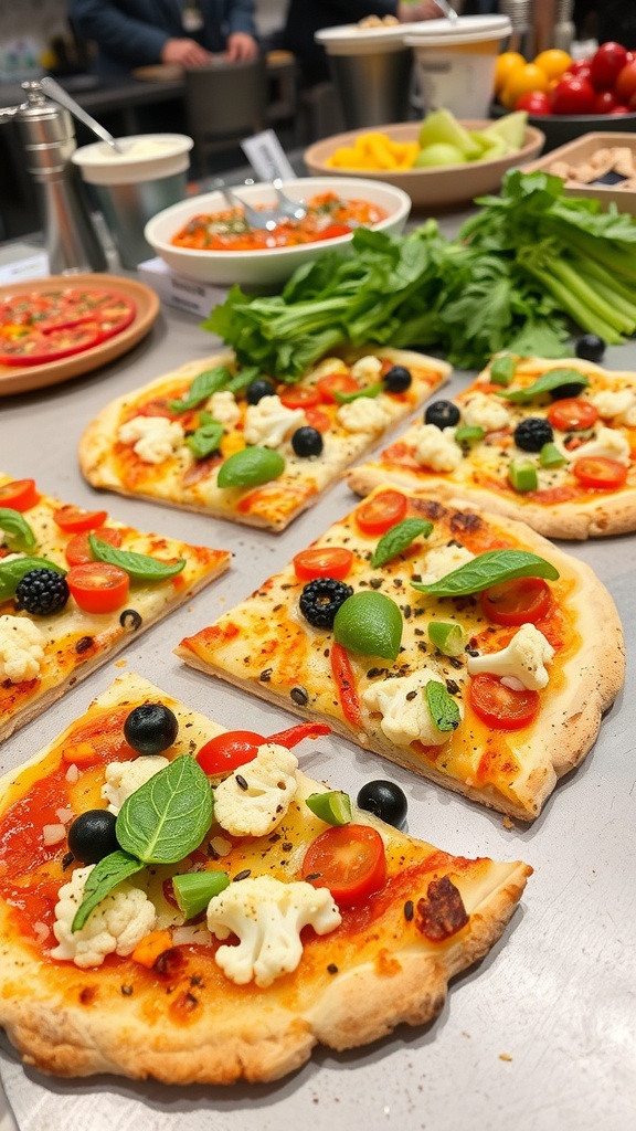 Cauliflower pizza slices topped with tomatoes, olives, and herbs on a table