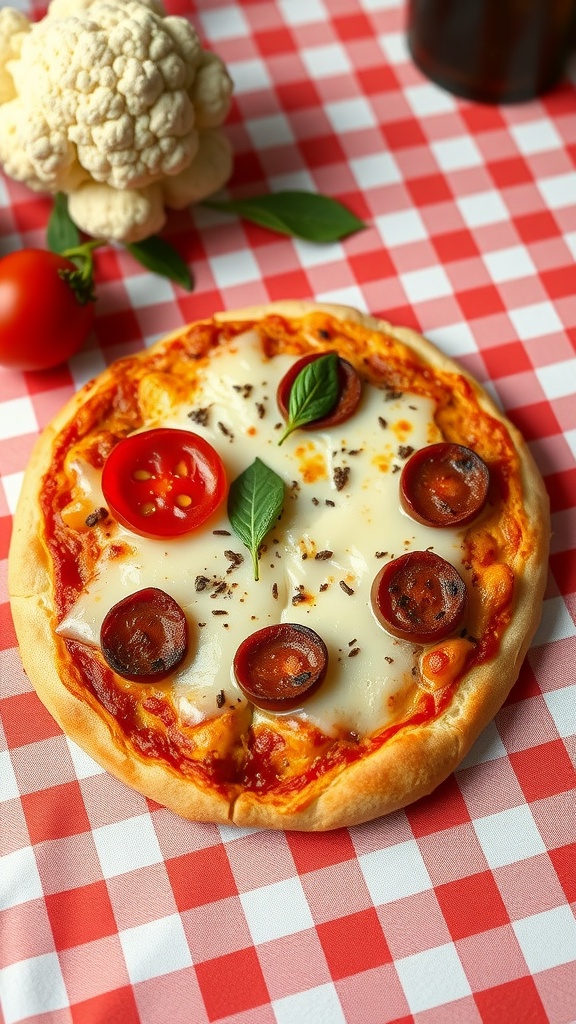 A delicious cauliflower pizza topped with cheese, pepperoni, and fresh herbs on a checkered tablecloth.
