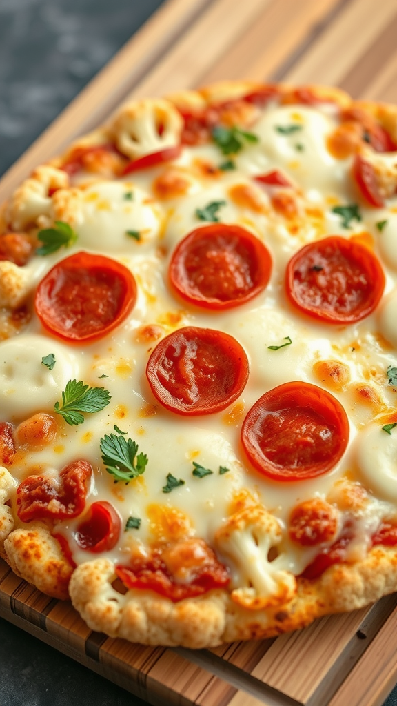 A delicious cauliflower pizza topped with pepperoni and cheese on a wooden board.