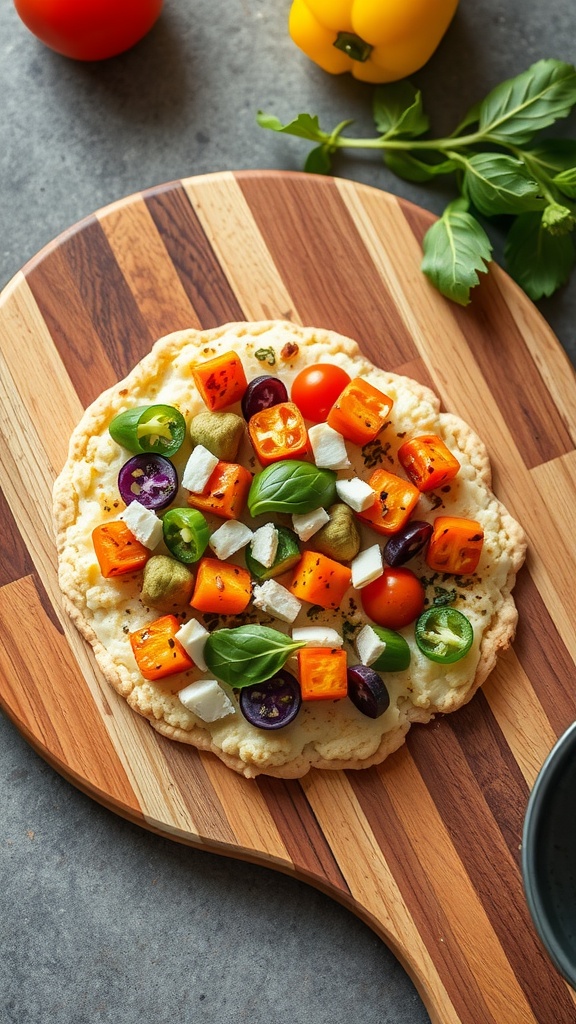 Cauliflower pizza topped with various colorful vegetables on a wooden cutting board.