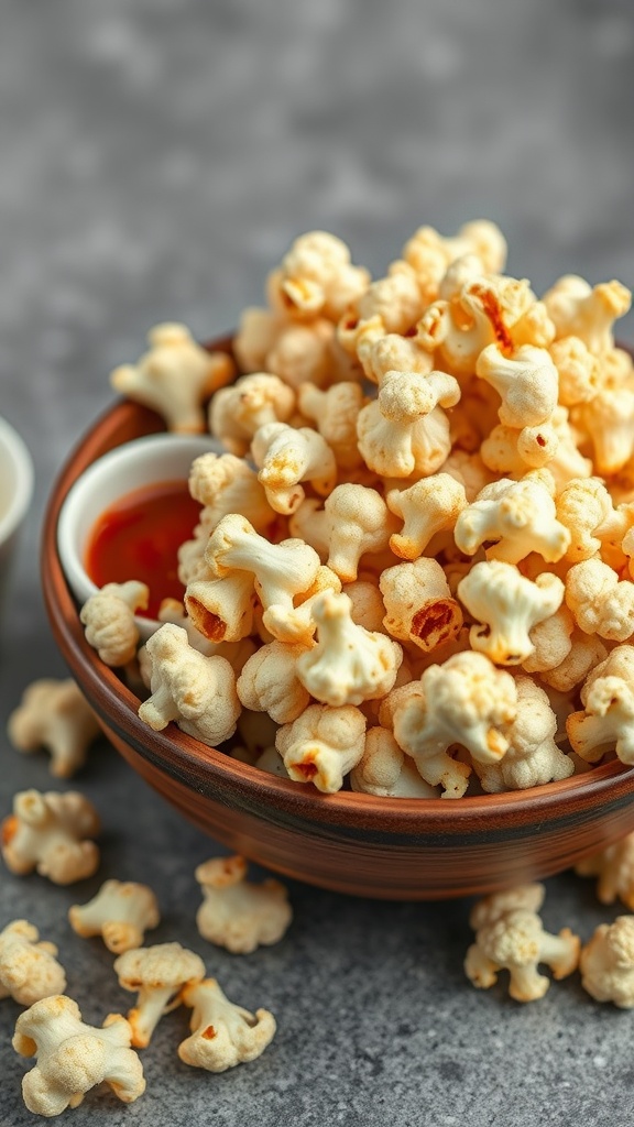 A bowl of cauliflower popcorn with some pieces scattered around.