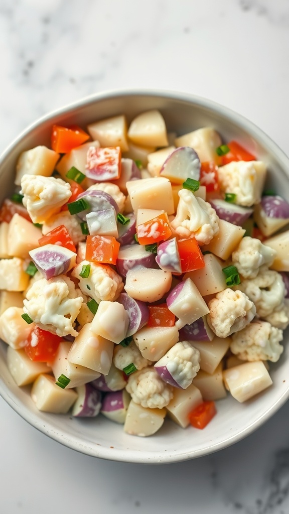 A bowl of colorful cauliflower potato salad with diced vegetables.