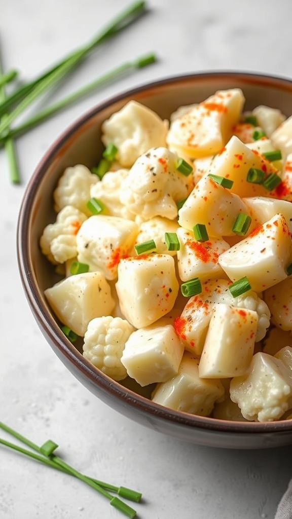 A bowl of cauliflower potato salad topped with chives and paprika