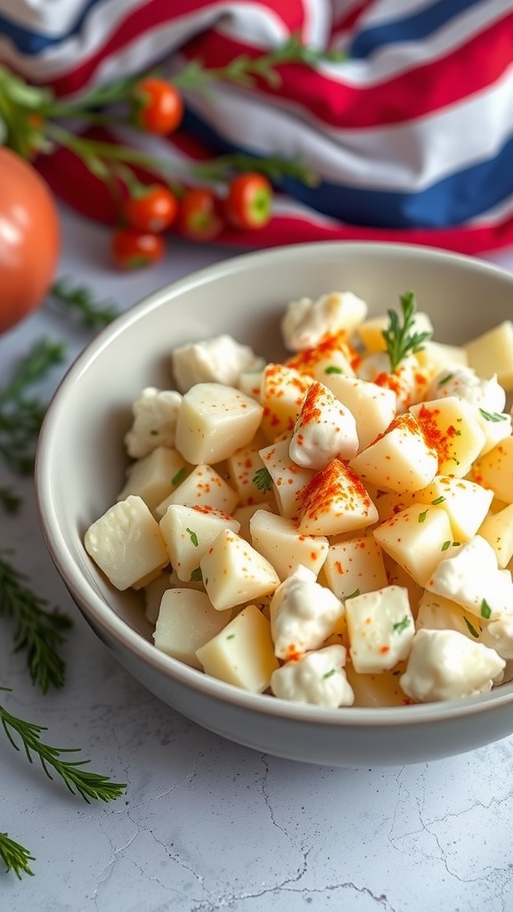 A bowl of cauliflower potato salad garnished with herbs and spices, with tomatoes and a patriotic cloth in the background.