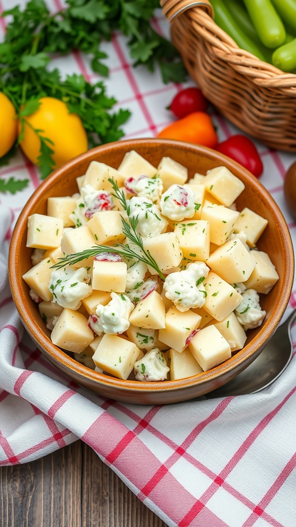 A bowl of cauliflower potato salad with herbs and diced vegetables, placed on a checkered tablecloth.