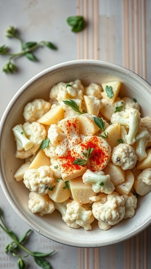 Bowl of cauliflower potato salad with herbs and seasoning