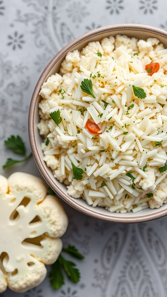 Bowl of cauliflower rice garnished with herbs and cherry tomatoes, with a cauliflower head beside it.