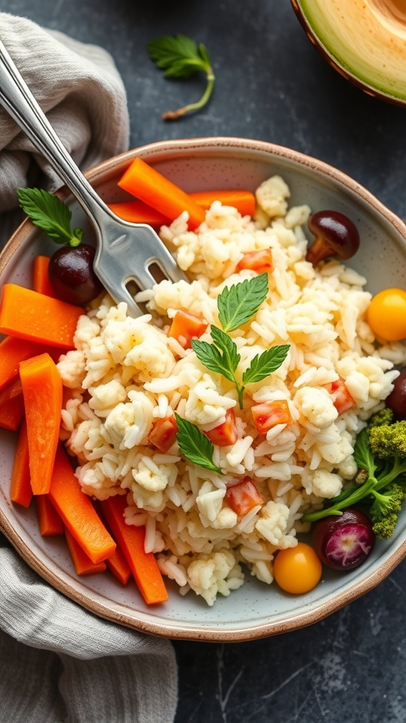 A plate of cauliflower rice with colorful veggies garnished with parsley.