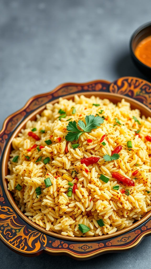 A bowl of cauliflower rice biryani garnished with herbs and spices.