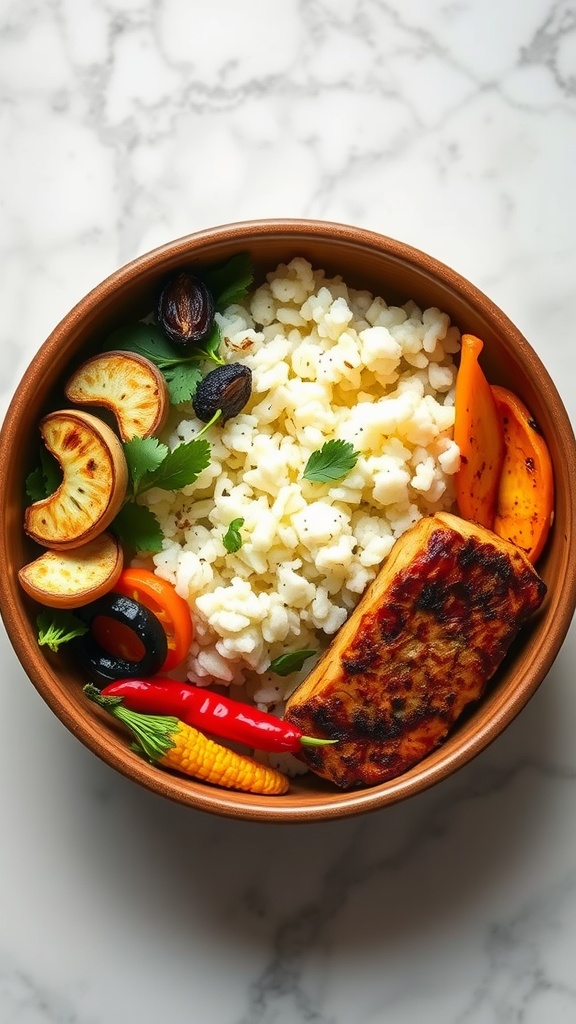 A bowl filled with cauliflower rice, grilled chicken, and assorted vegetables.