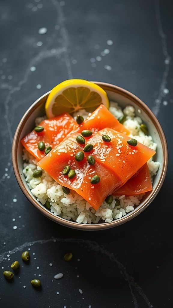 A bowl of cauliflower rice topped with smoked salmon, pumpkin seeds, and a lemon slice