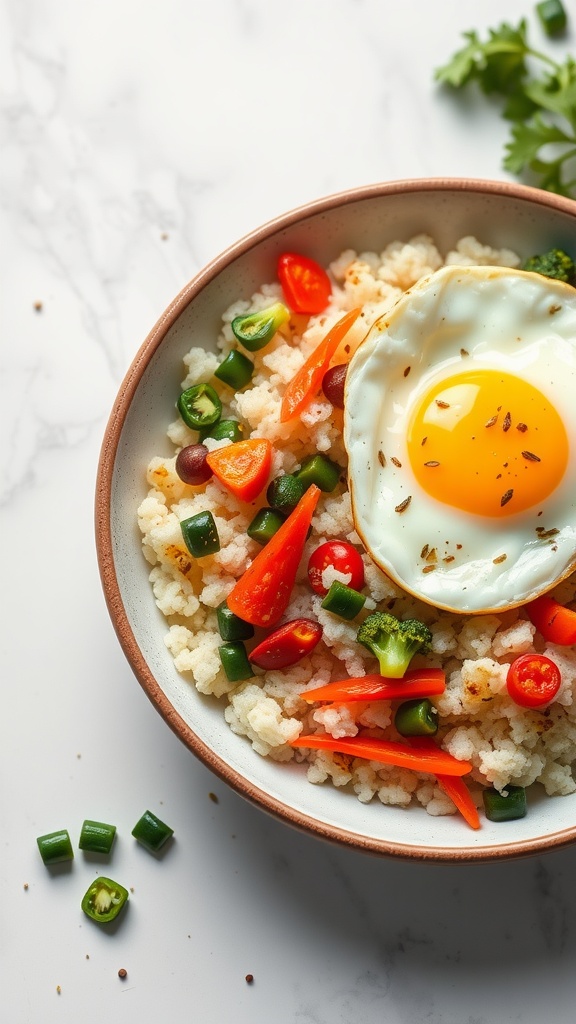 A breakfast bowl featuring cauliflower rice, colorful vegetables, and a sunny-side-up egg.