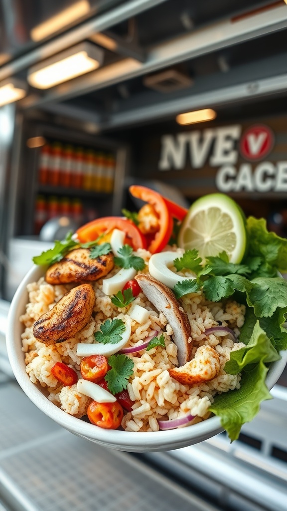 A delicious bowl of cauliflower rice topped with grilled chicken, fresh vegetables, and garnished with lime.