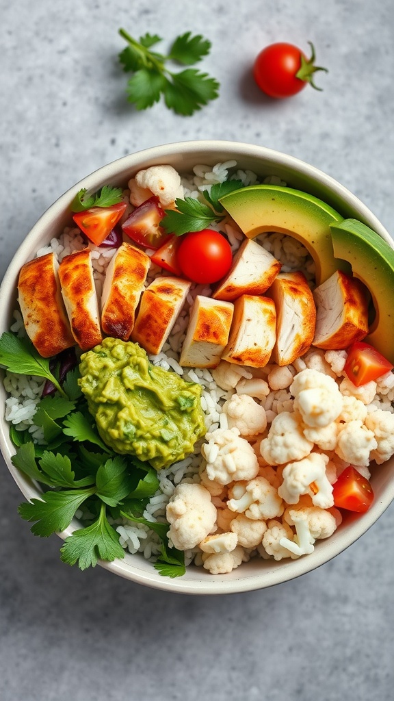 A bowl filled with cauliflower rice, grilled chicken slices, fresh tomatoes, avocado slices, guacamole, and cilantro.