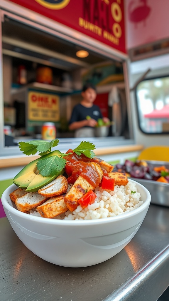 A colorful cauliflower rice burrito bowl topped with grilled chicken, avocado, and salsa, served at a food truck.