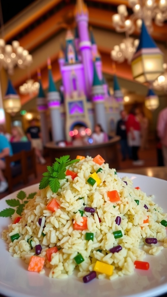 A plate of colorful cauliflower rice with various vegetables.