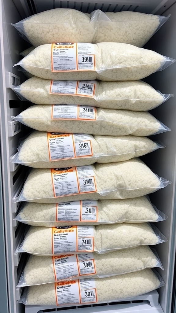 Frozen packs of cauliflower rice stacked in a freezer.