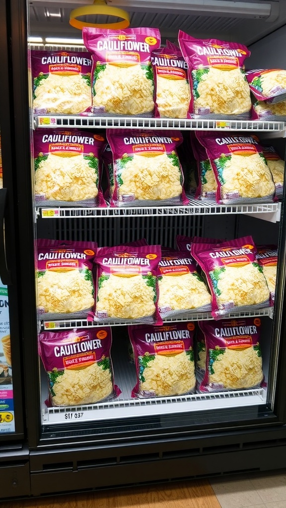 A shelf filled with packaged cauliflower rice in a convenience store.