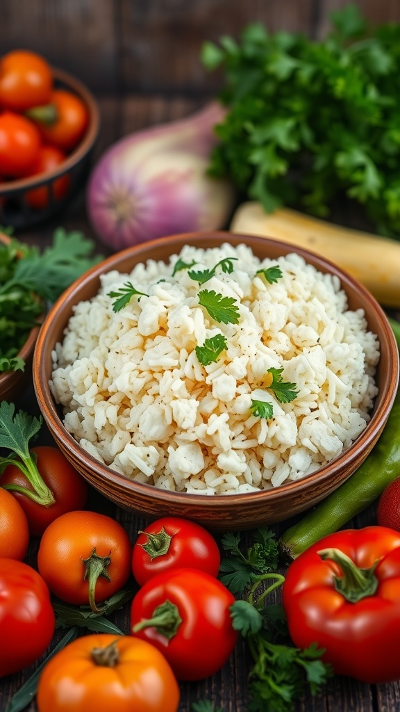 Bowl of cauliflower rice surrounded by fresh vegetables, including tomatoes and herbs.