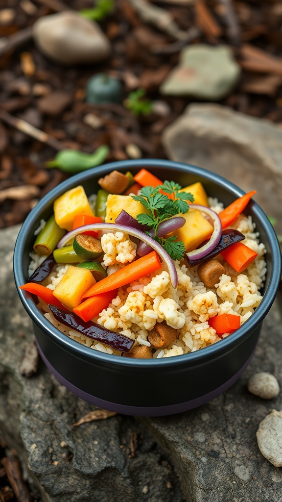 A bowl of colorful cauliflower rice stir-fry with vegetables, placed on a rock outdoors.