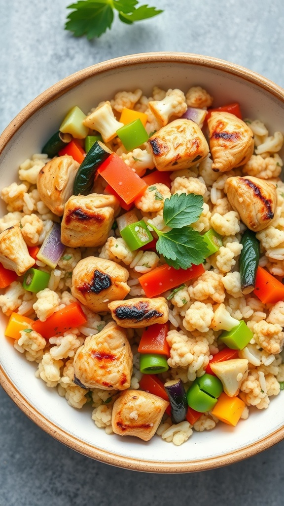 A colorful bowl of cauliflower rice stir-fry with various vegetables.