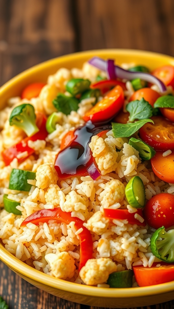 A colorful bowl of cauliflower rice stir-fry with various vegetables.