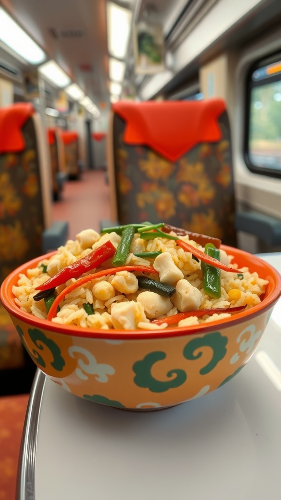 A bowl of cauliflower rice stir-fry with colorful vegetables, sitting on a table in a train carriage.