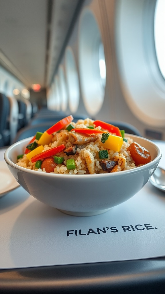 A bowl of cauliflower rice stir-fry with broccoli and bell peppers.