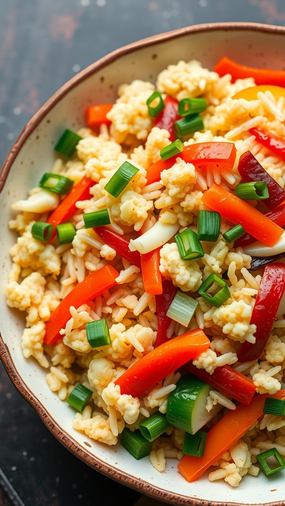 A vibrant bowl of cauliflower rice stir-fry with colorful bell peppers and green onions.