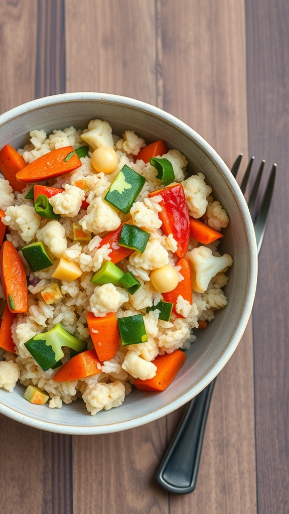 A bowl of cauliflower rice stir-fry with carrots, bell peppers, and zucchini.