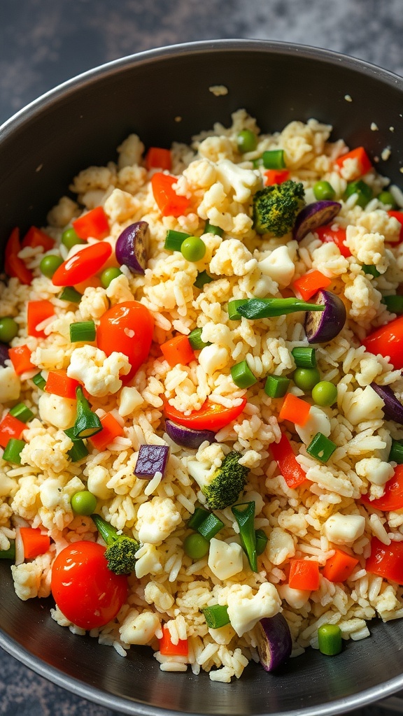 A bowl of colorful cauliflower rice stir-fry with various vegetables.