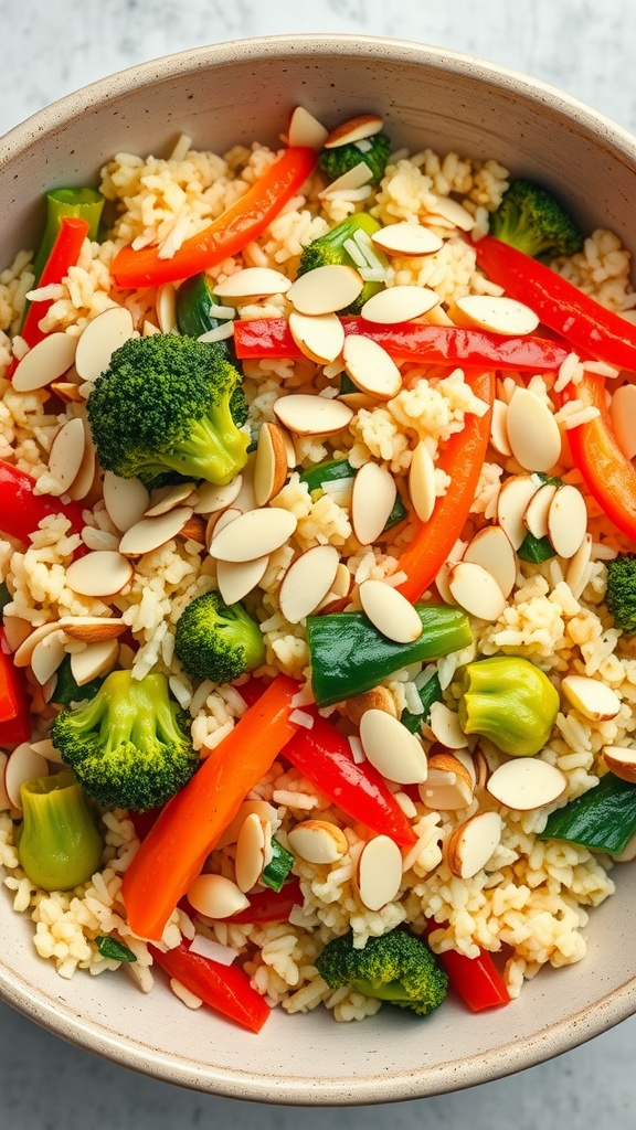 A bowl of cauliflower rice stir-fry with colorful vegetables and almonds on top.