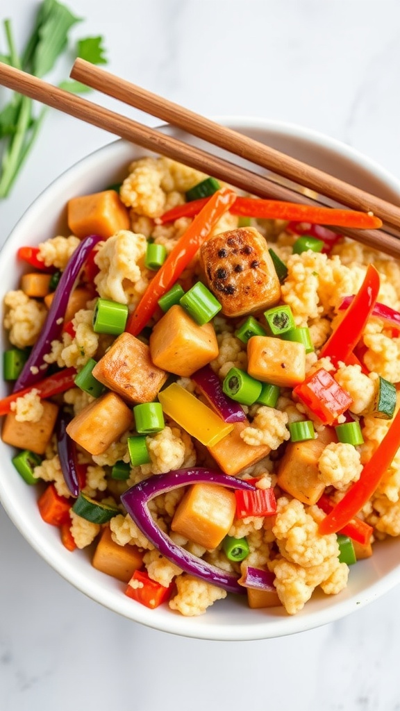 A bowl of cauliflower rice stir-fry with colorful vegetables and chunks of protein.