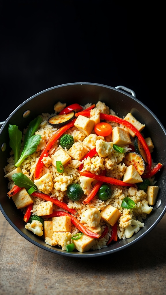 A colorful stir-fry with cauliflower rice, tofu, and assorted vegetables in a black skillet.