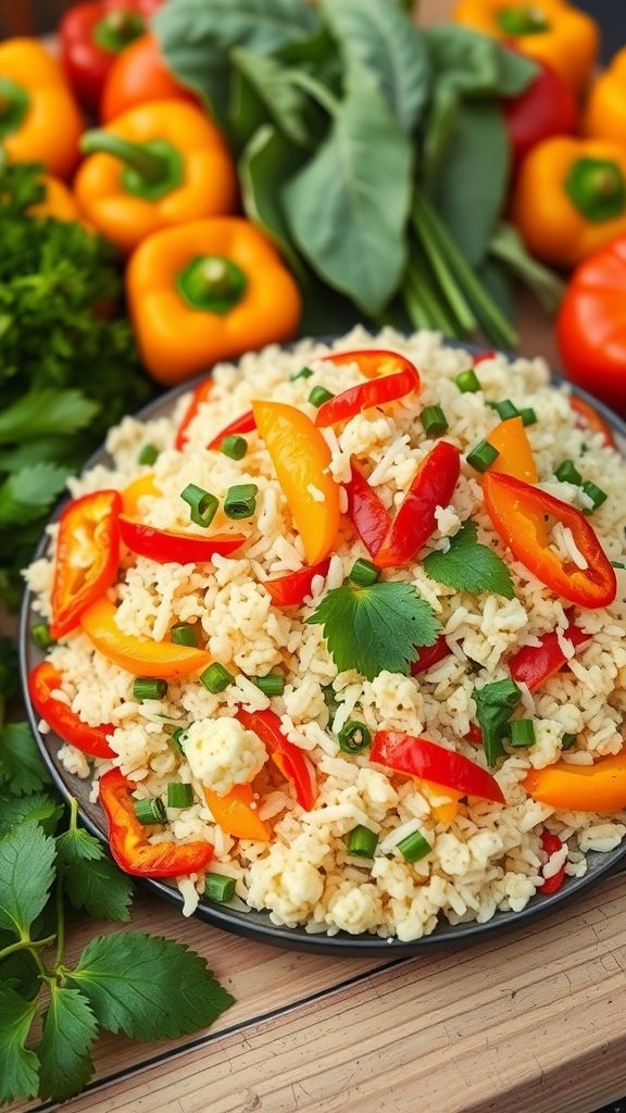 A vibrant dish of cauliflower rice stir-fry with bell peppers garnished with green onions and cilantro.