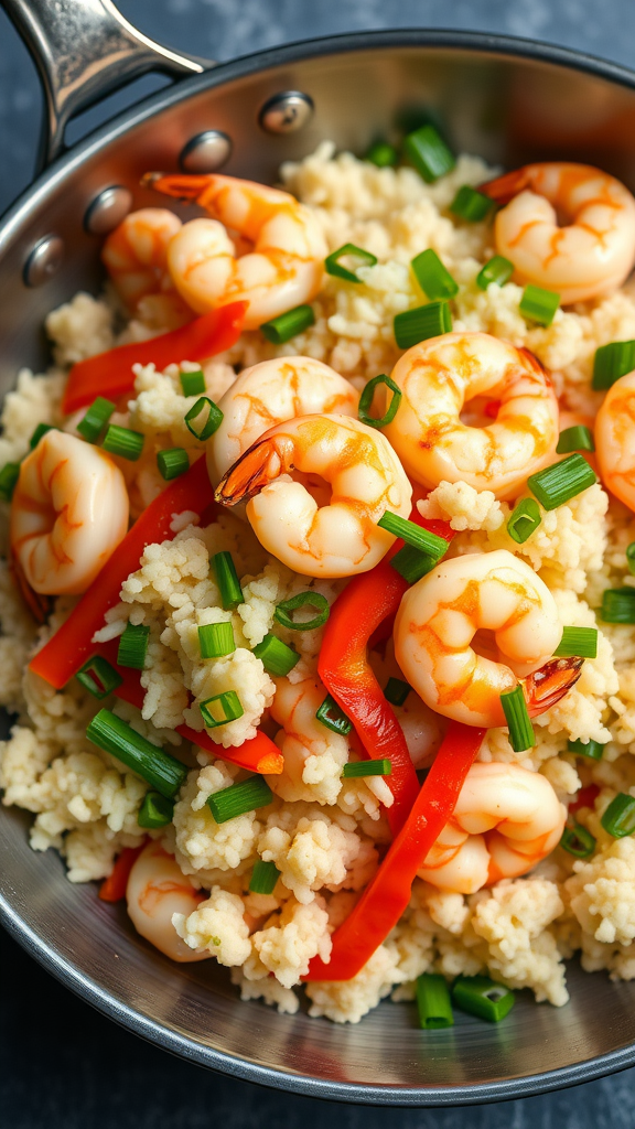 A vibrant cauliflower rice stir-fry with shrimp, bell peppers, and green onions in a pan.