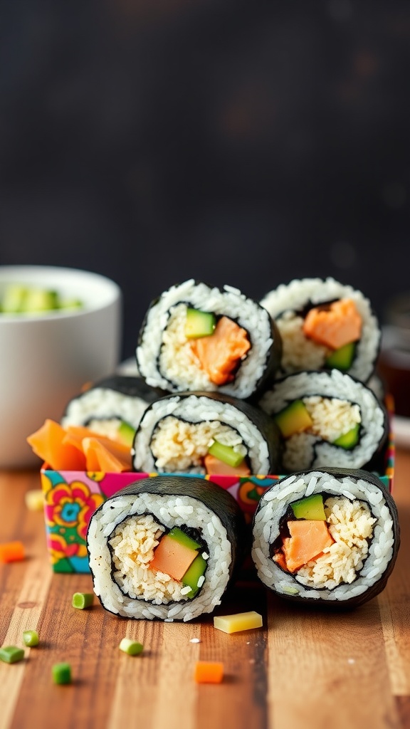 Colorful cauliflower rice sushi rolls with various fillings, presented in a vibrant box.