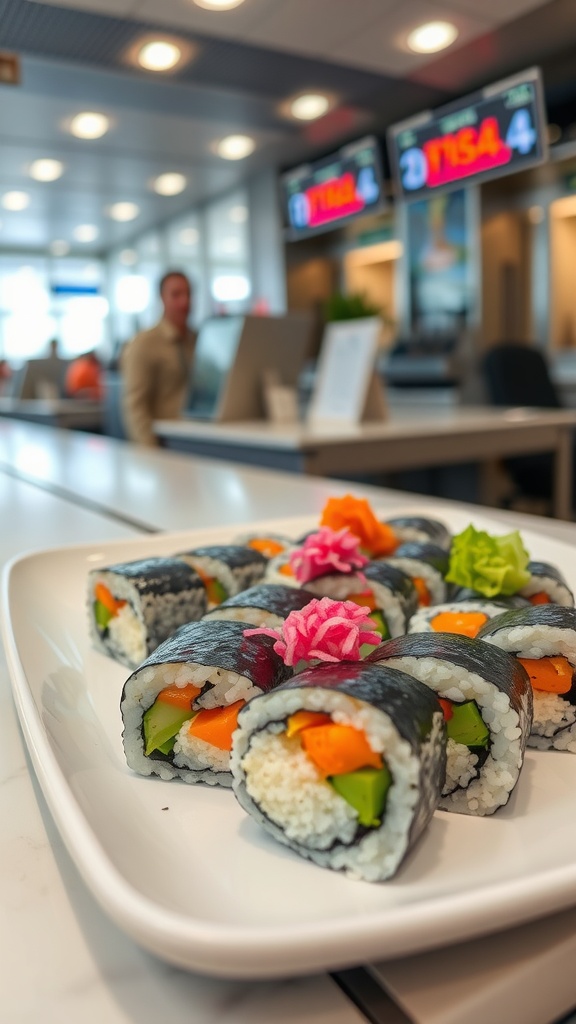 A plate of colorful cauliflower rice sushi rolls in an airport terminal.