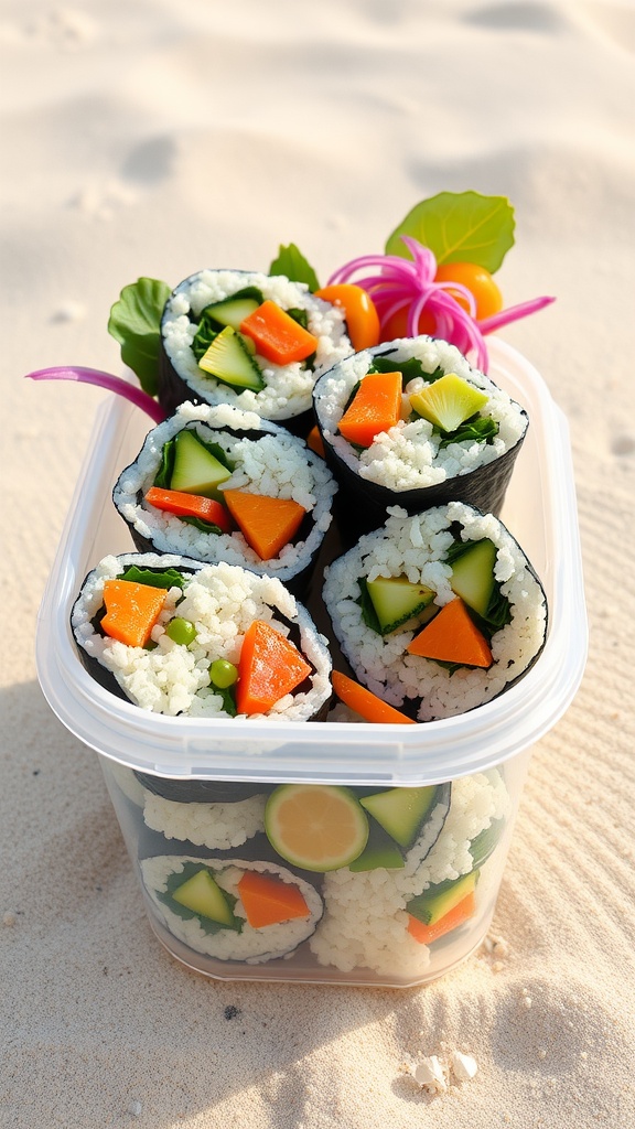 Close-up of cauliflower rice sushi rolls filled with colorful vegetables on sandy beach