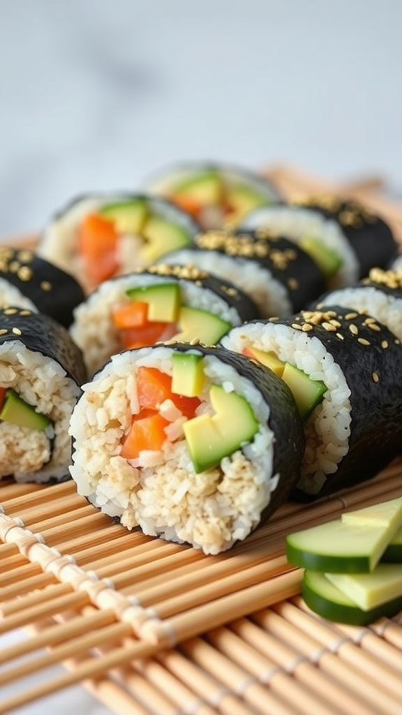Close-up of cauliflower rice sushi rolls with colorful veggies wrapped in seaweed.