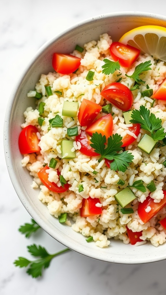 A bowl of cauliflower rice tabbouleh with tomatoes, cucumbers, and fresh herbs.